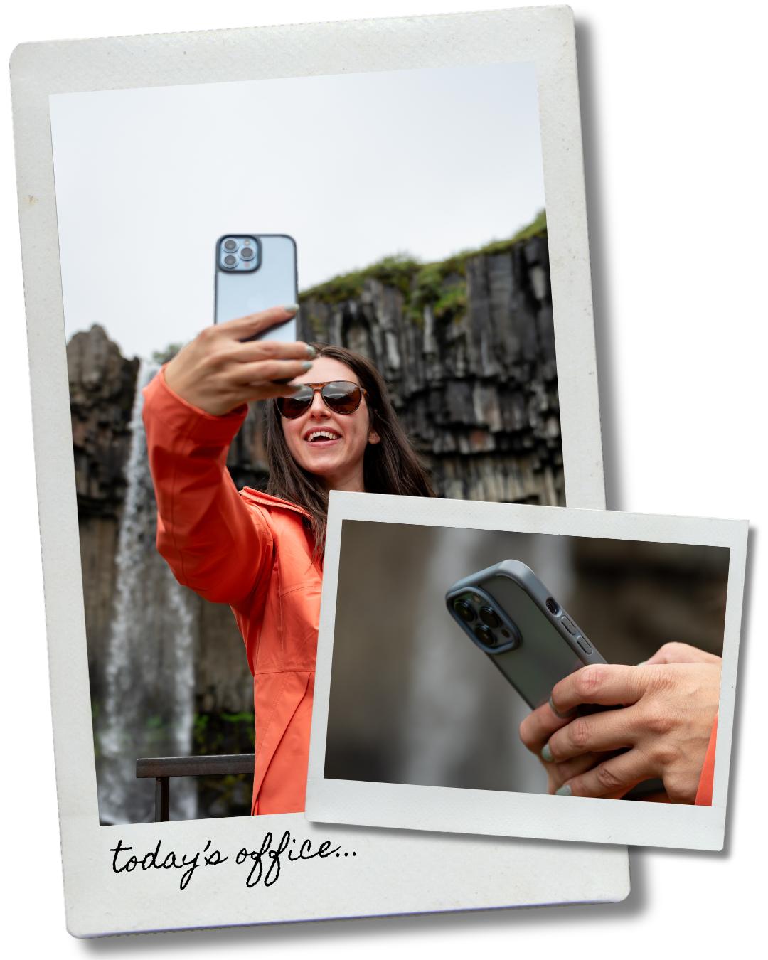 Sal in an orange jacket filming on her phone in front of a waterfall in Iceland, with a close-up of hands holding a phone