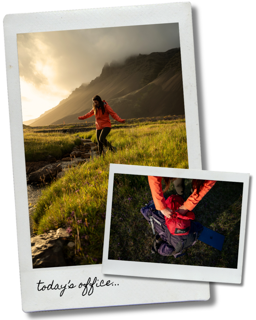 Two polaroid photos: the founder of 49 North Digital marketing agency walking through long grass beside a stream below a misty mountain at sunset, and packing a red bag into a hiking rucksack next to a laptop